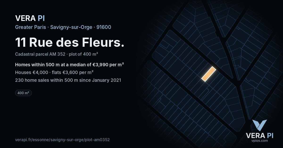 11 Rue des Fleurs, Savigny-sur-Orge at night – the plot lit, the parcels around coloured by the prices near them