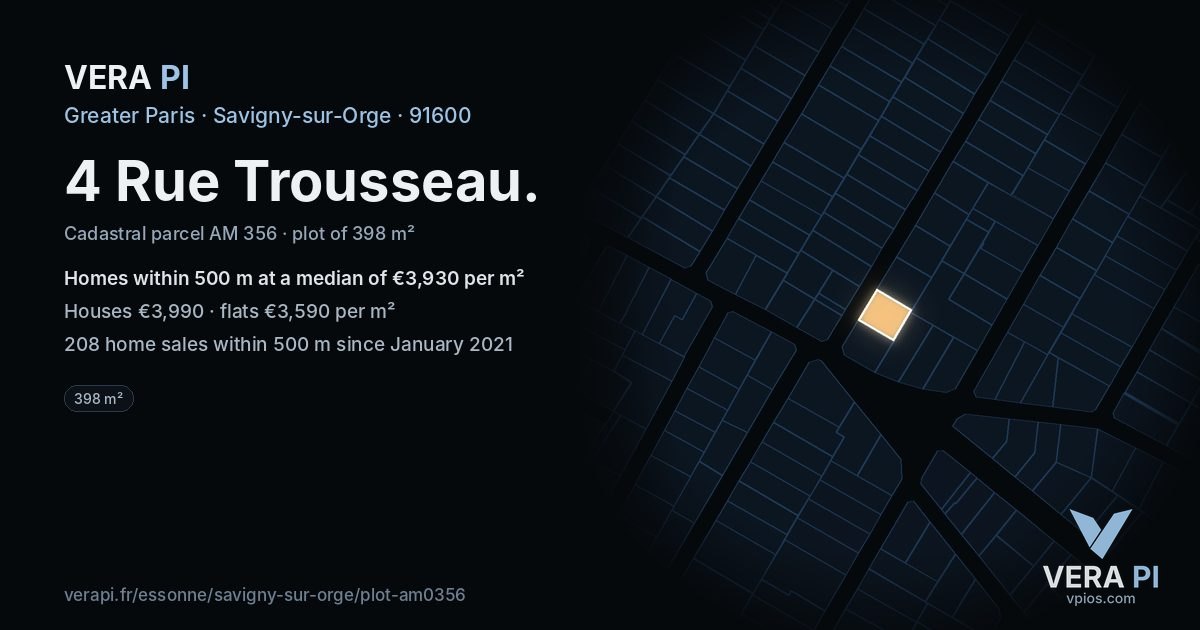 4 Rue Trousseau, Savigny-sur-Orge at night – the plot lit, the parcels around coloured by the prices near them
