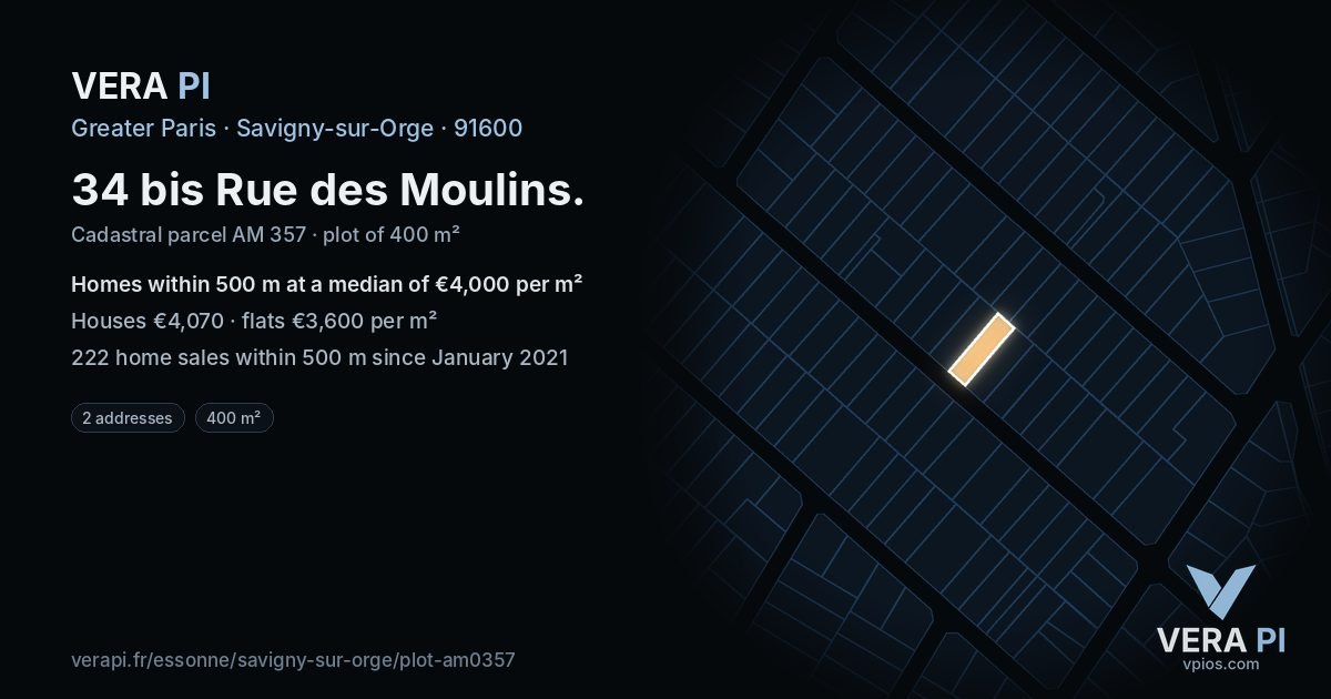 34 bis Rue des Moulins, Savigny-sur-Orge at night – the plot lit, the parcels around coloured by the prices near them