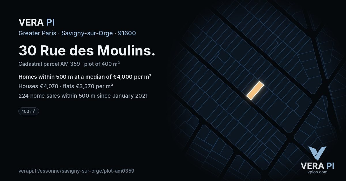 30 Rue des Moulins, Savigny-sur-Orge at night – the plot lit, the parcels around coloured by the prices near them