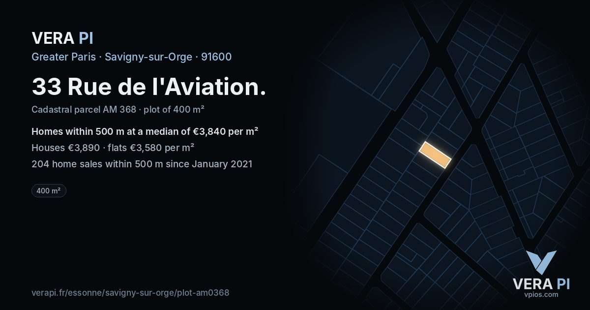 33 Rue de l'Aviation, Savigny-sur-Orge at night – the plot lit, the parcels around coloured by the prices near them