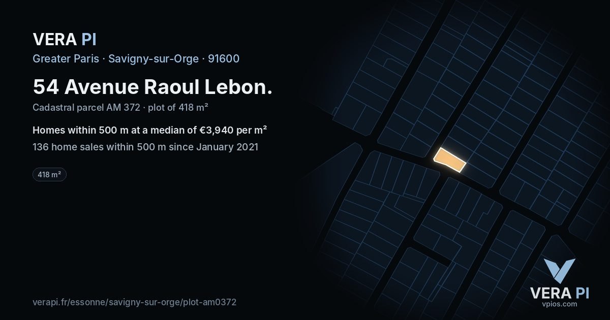 54 Avenue Raoul Lebon, Savigny-sur-Orge at night – the plot lit, the parcels around coloured by the prices near them
