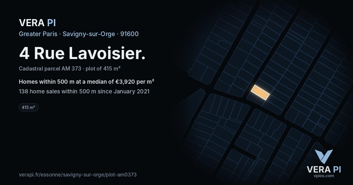 4 Rue Lavoisier, Savigny-sur-Orge at night – the plot lit, the parcels around coloured by the prices near them