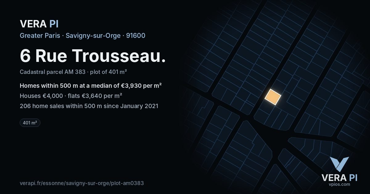6 Rue Trousseau, Savigny-sur-Orge at night – the plot lit, the parcels around coloured by the prices near them