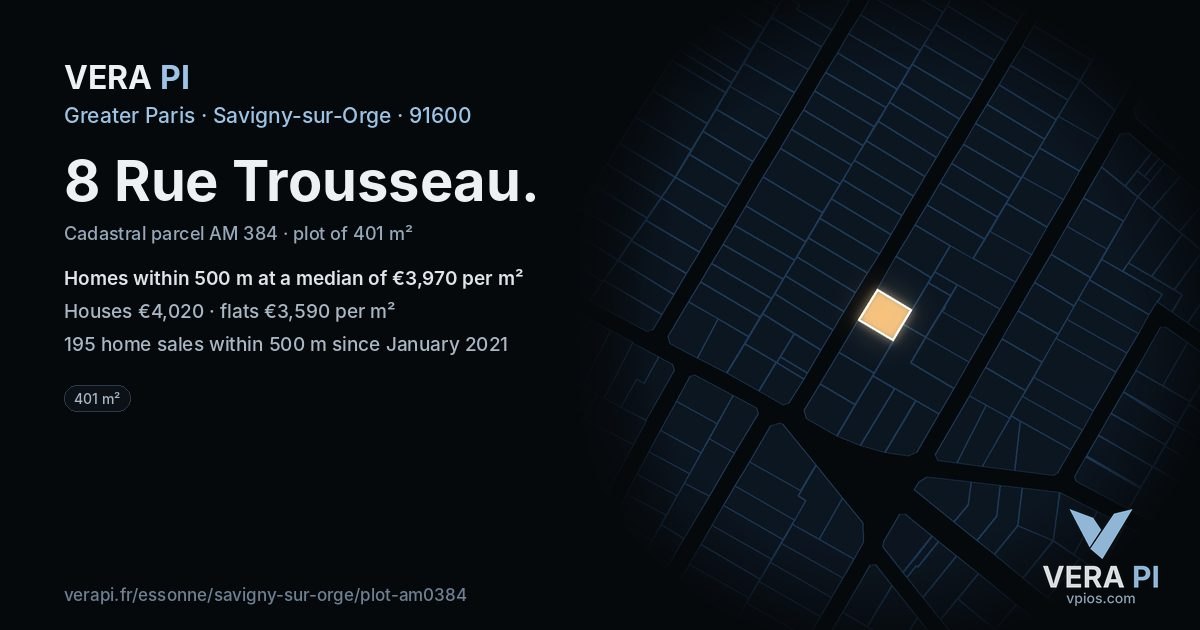 8 Rue Trousseau, Savigny-sur-Orge at night – the plot lit, the parcels around coloured by the prices near them