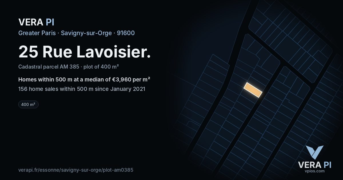 25 Rue Lavoisier, Savigny-sur-Orge at night – the plot lit, the parcels around coloured by the prices near them