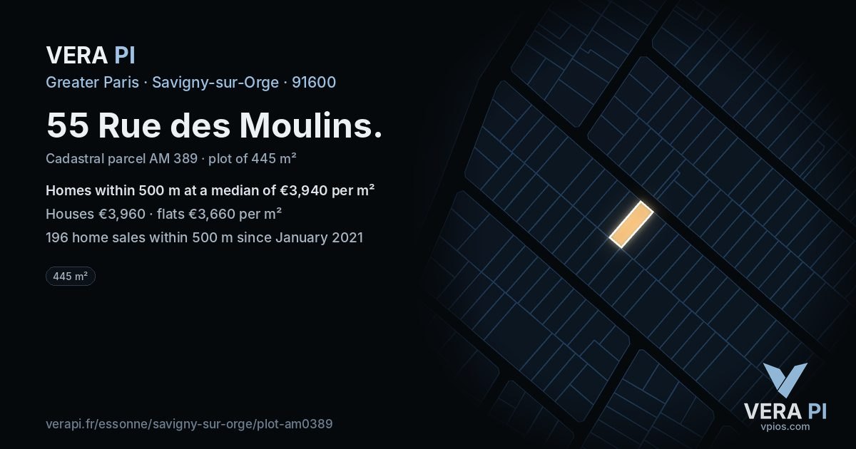 55 Rue des Moulins, Savigny-sur-Orge at night – the plot lit, the parcels around coloured by the prices near them