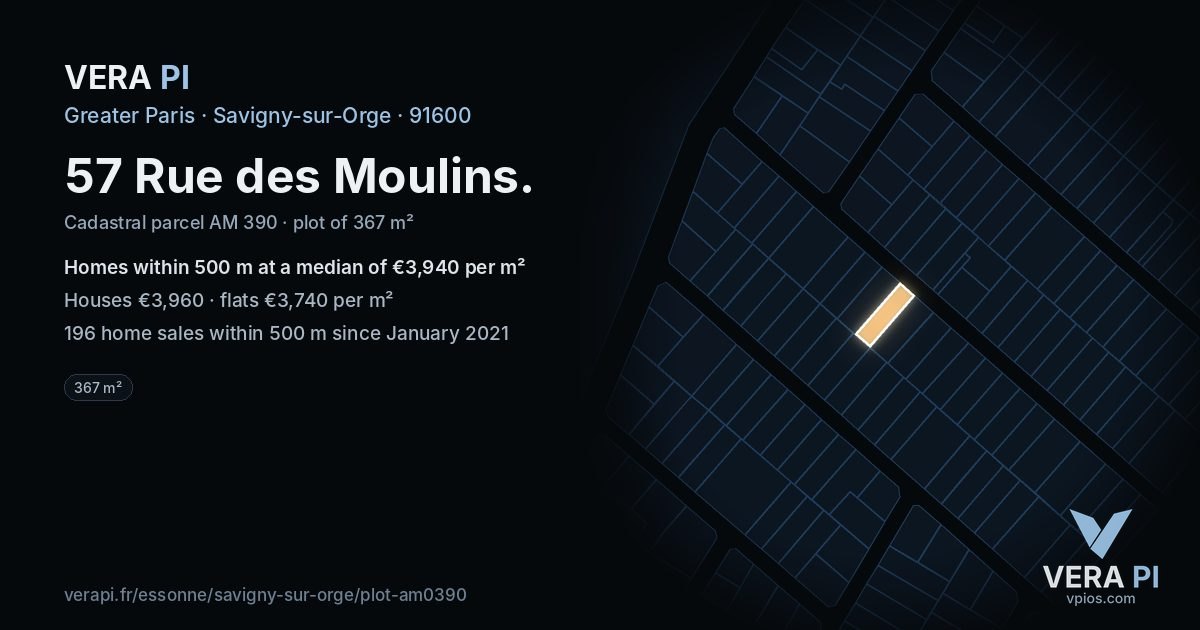 57 Rue des Moulins, Savigny-sur-Orge at night – the plot lit, the parcels around coloured by the prices near them