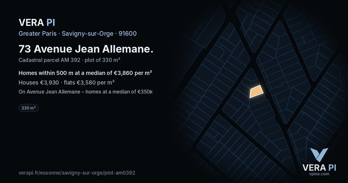 73 Avenue Jean Allemane, Savigny-sur-Orge at night – the plot lit, the parcels around coloured by the prices near them