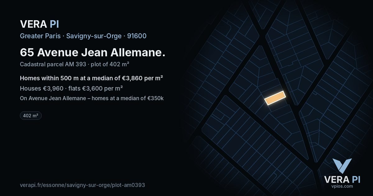 65 Avenue Jean Allemane, Savigny-sur-Orge at night – the plot lit, the parcels around coloured by the prices near them