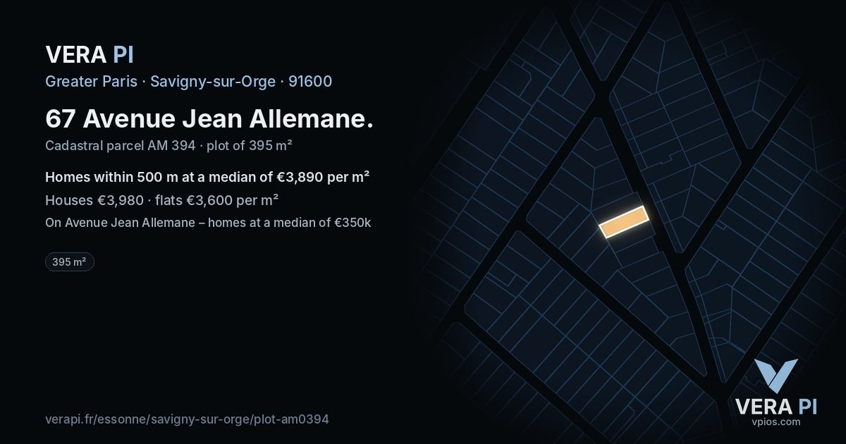 67 Avenue Jean Allemane, Savigny-sur-Orge at night – the plot lit, the parcels around coloured by the prices near them