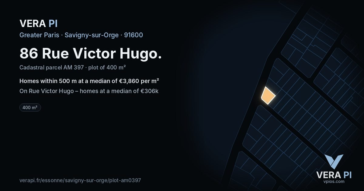 86 Rue Victor Hugo, Savigny-sur-Orge at night – the plot lit, the parcels around coloured by the prices near them