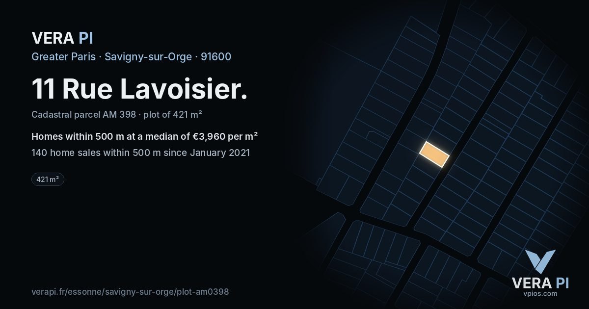11 Rue Lavoisier, Savigny-sur-Orge at night – the plot lit, the parcels around coloured by the prices near them