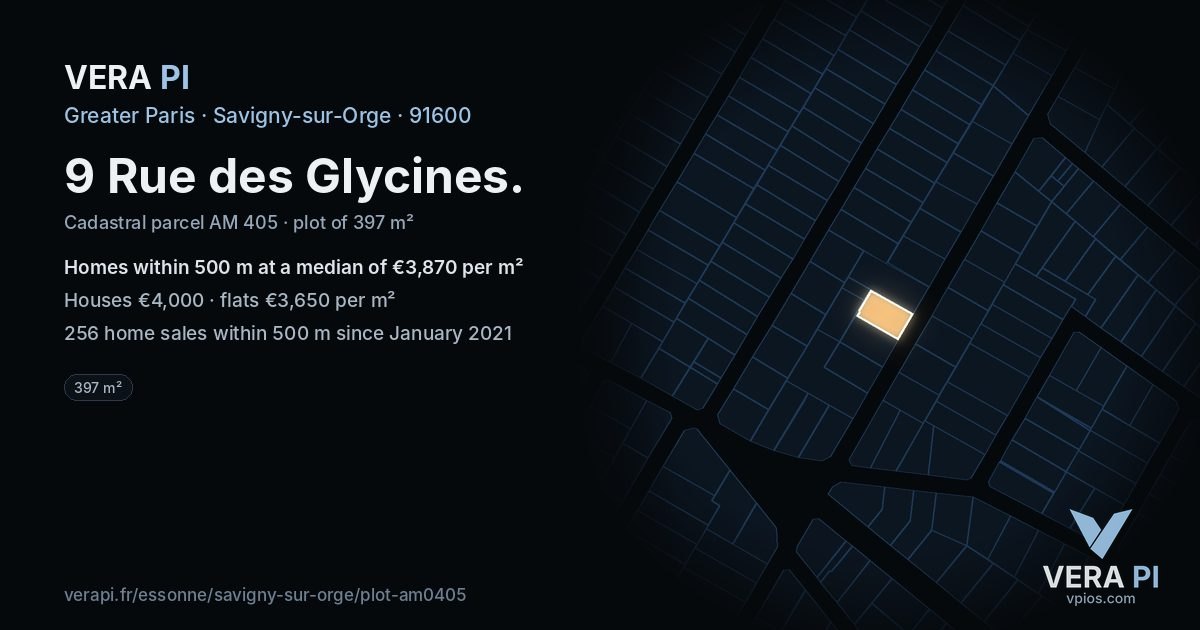 9 Rue des Glycines, Savigny-sur-Orge at night – the plot lit, the parcels around coloured by the prices near them