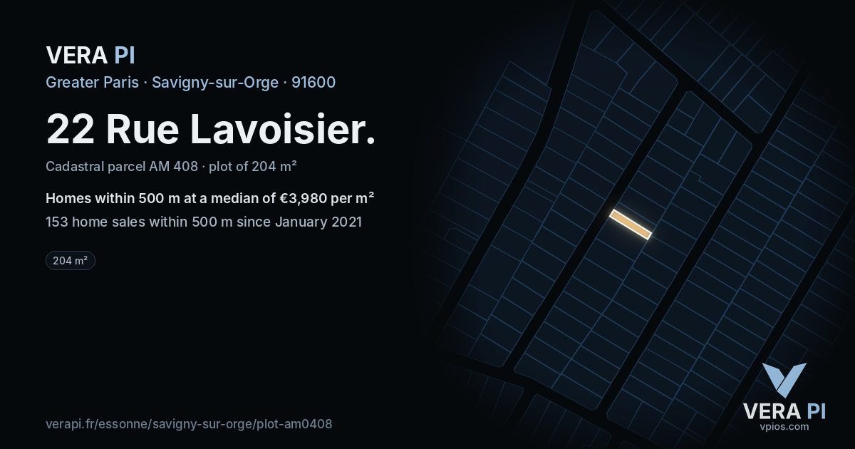 22 Rue Lavoisier, Savigny-sur-Orge at night – the plot lit, the parcels around coloured by the prices near them