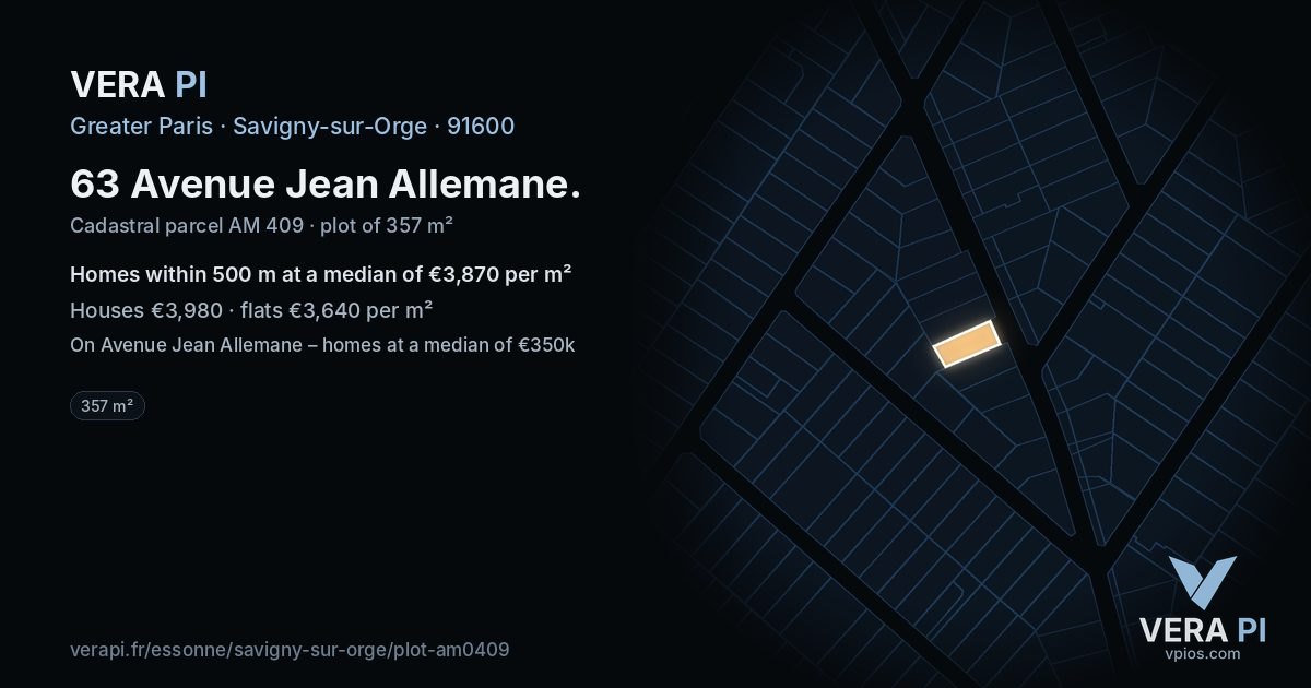 63 Avenue Jean Allemane, Savigny-sur-Orge at night – the plot lit, the parcels around coloured by the prices near them