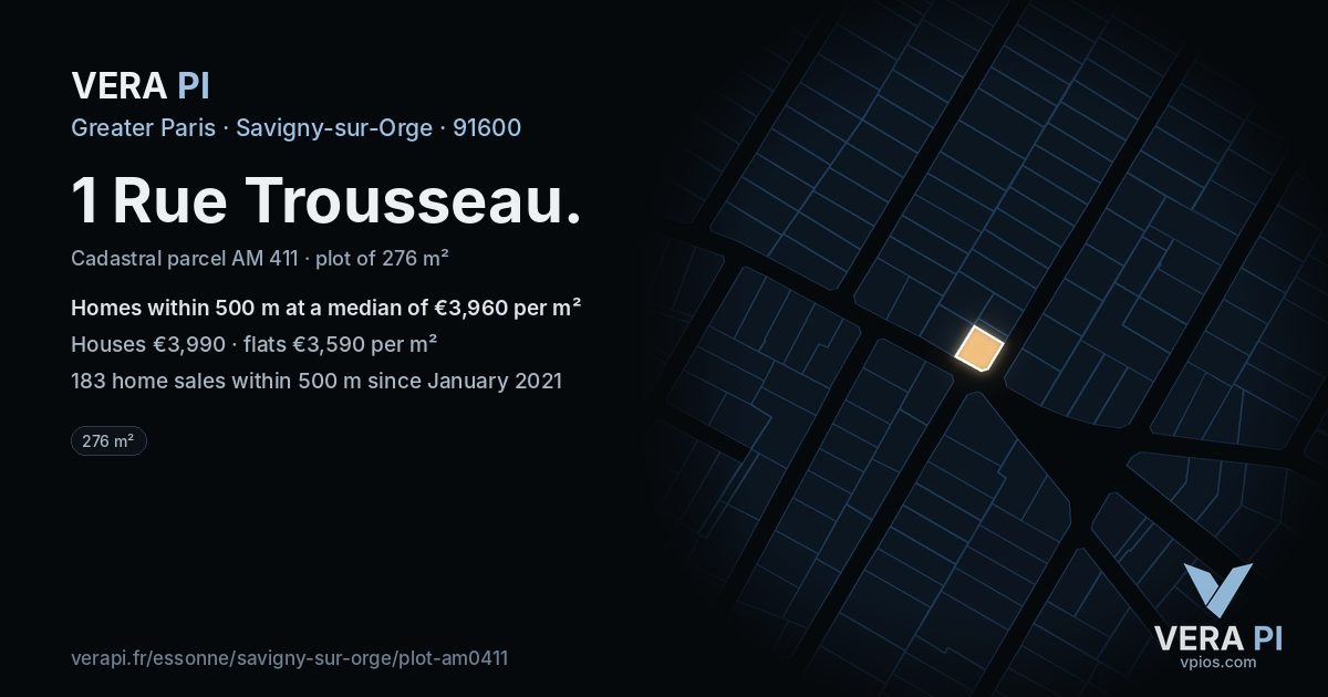1 Rue Trousseau, Savigny-sur-Orge at night – the plot lit, the parcels around coloured by the prices near them
