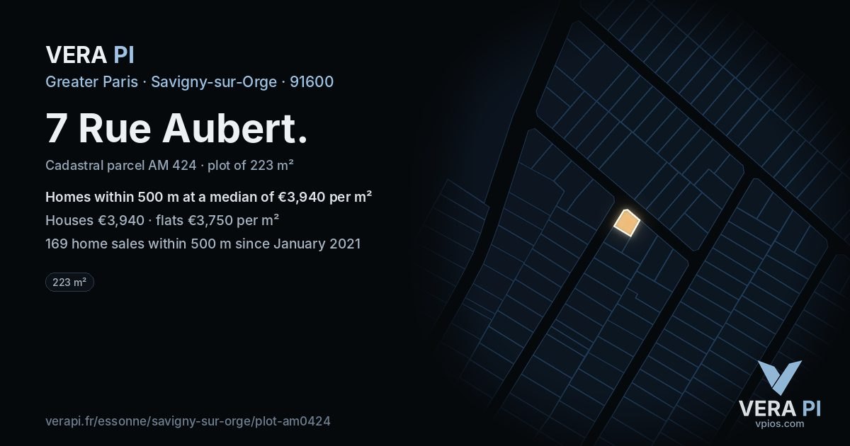 7 Rue Aubert, Savigny-sur-Orge at night – the plot lit, the parcels around coloured by the prices near them