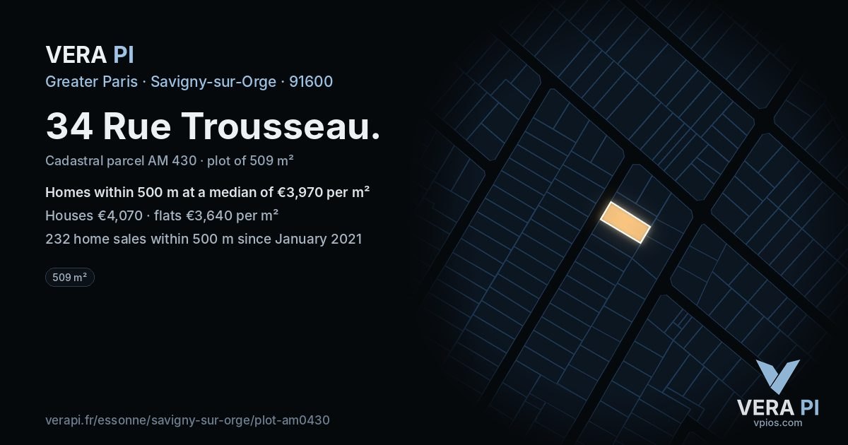 34 Rue Trousseau, Savigny-sur-Orge at night – the plot lit, the parcels around coloured by the prices near them