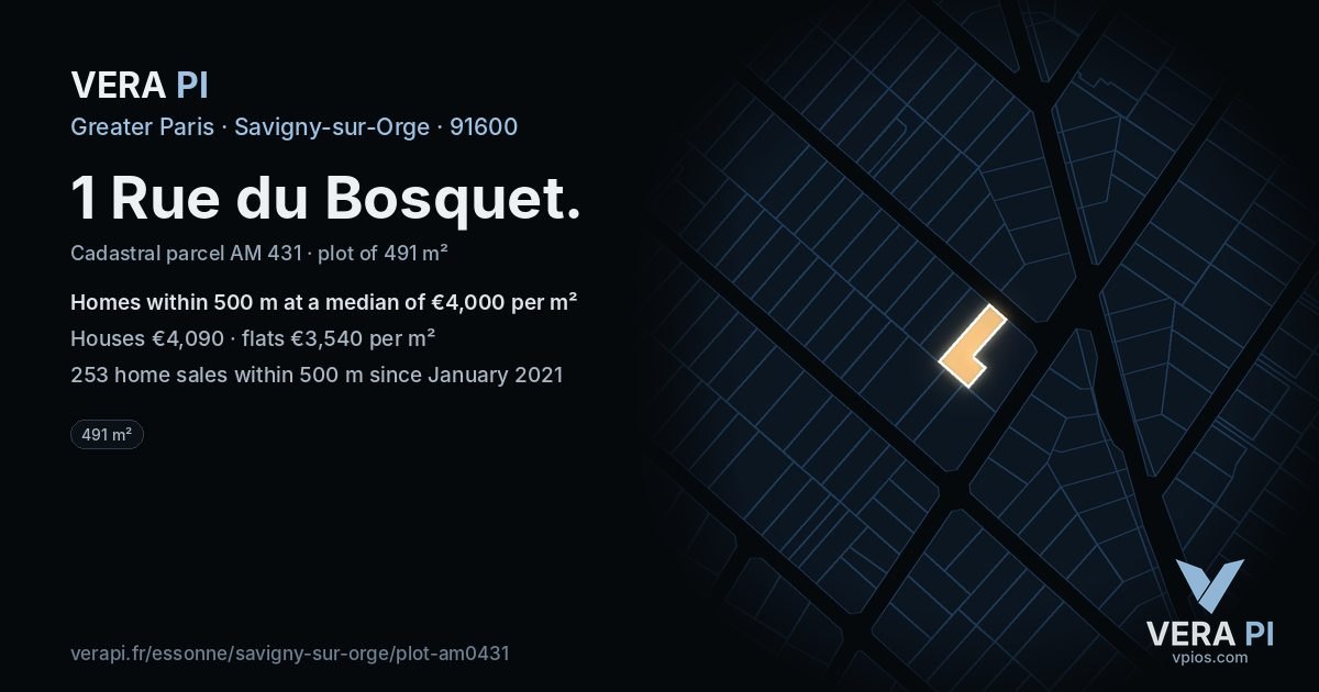 1 Rue du Bosquet, Savigny-sur-Orge at night – the plot lit, the parcels around coloured by the prices near them