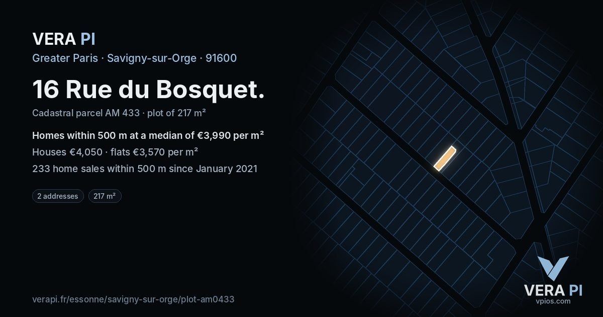 16 Rue du Bosquet, Savigny-sur-Orge at night – the plot lit, the parcels around coloured by the prices near them