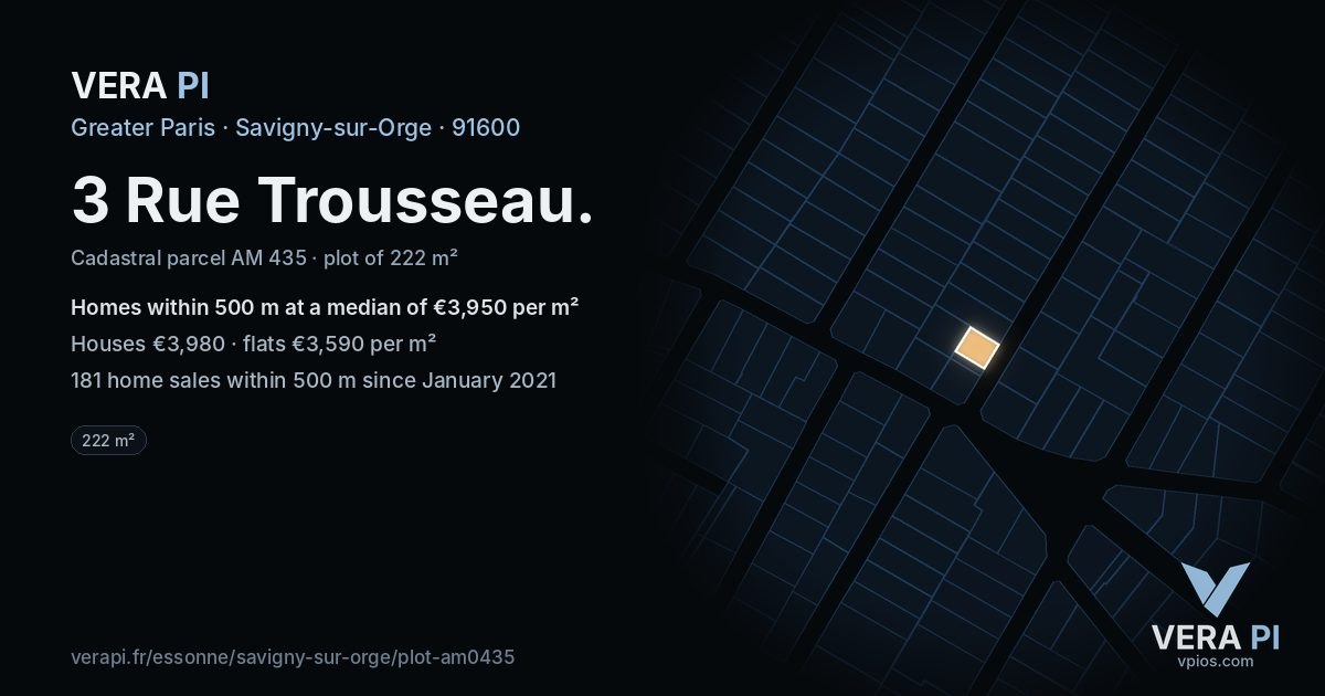 3 Rue Trousseau, Savigny-sur-Orge at night – the plot lit, the parcels around coloured by the prices near them
