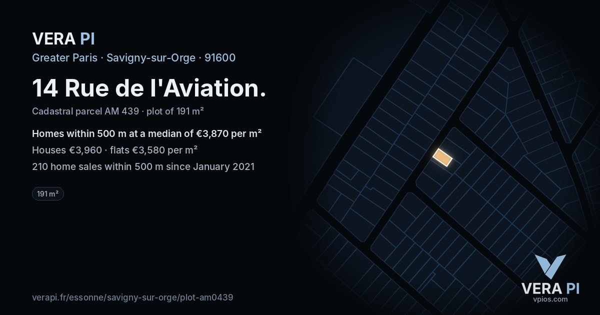 14 Rue de l'Aviation, Savigny-sur-Orge at night – the plot lit, the parcels around coloured by the prices near them