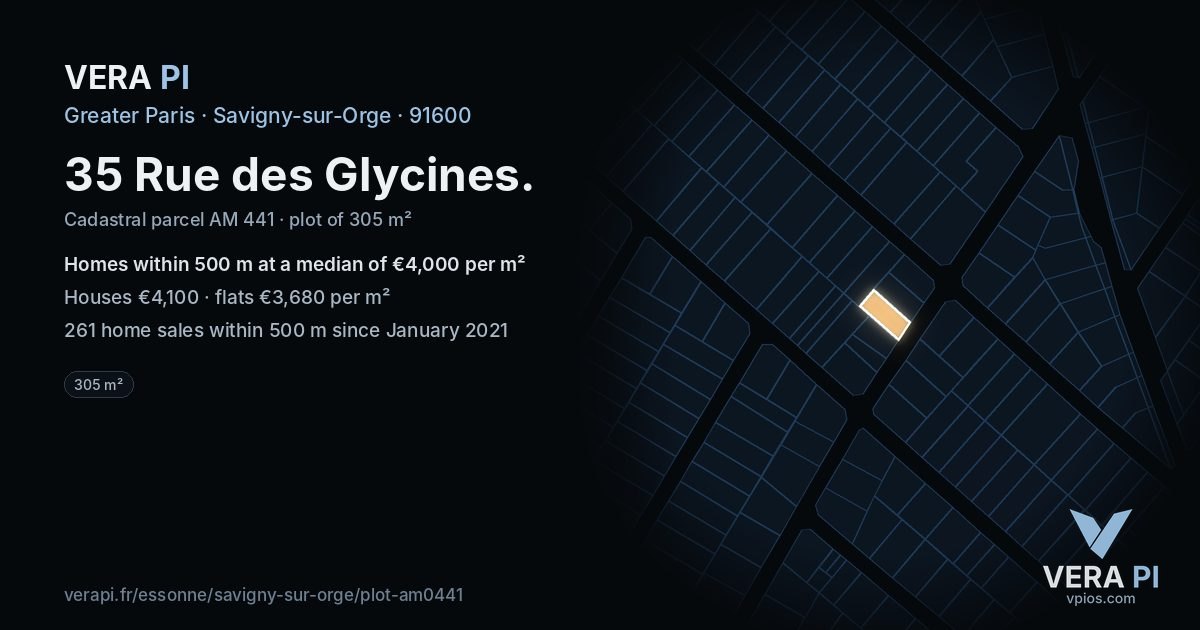 35 Rue des Glycines, Savigny-sur-Orge at night – the plot lit, the parcels around coloured by the prices near them