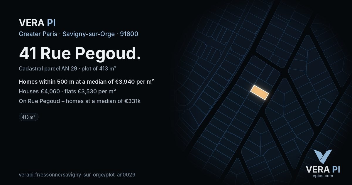 41 Rue Pegoud, Savigny-sur-Orge at night – the plot lit, the parcels around coloured by the prices near them