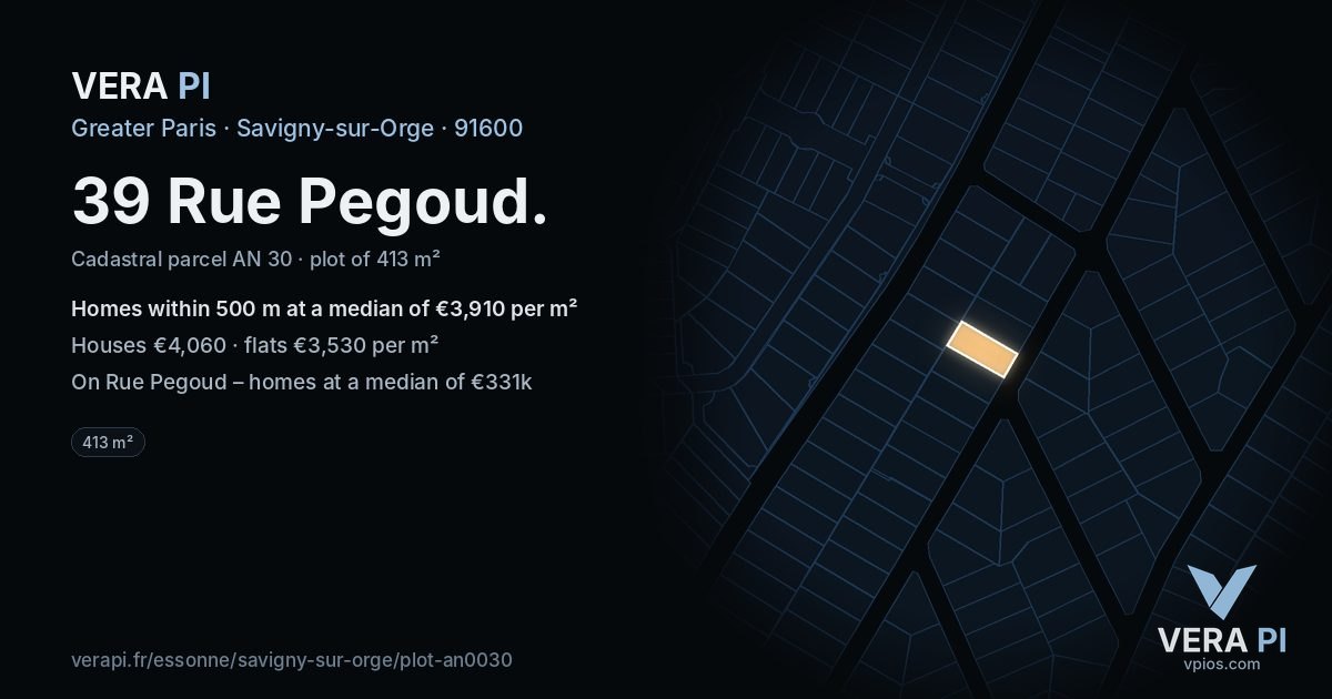 39 Rue Pegoud, Savigny-sur-Orge at night – the plot lit, the parcels around coloured by the prices near them