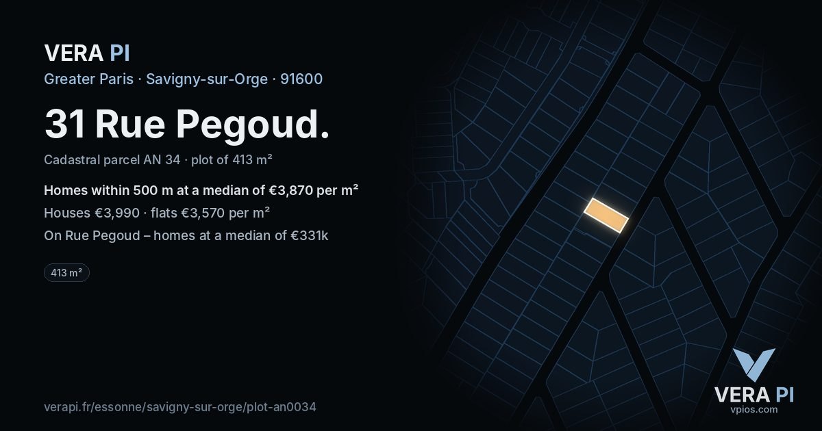 31 Rue Pegoud, Savigny-sur-Orge at night – the plot lit, the parcels around coloured by the prices near them