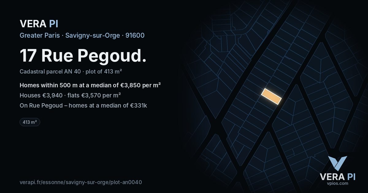 17 Rue Pegoud, Savigny-sur-Orge at night – the plot lit, the parcels around coloured by the prices near them