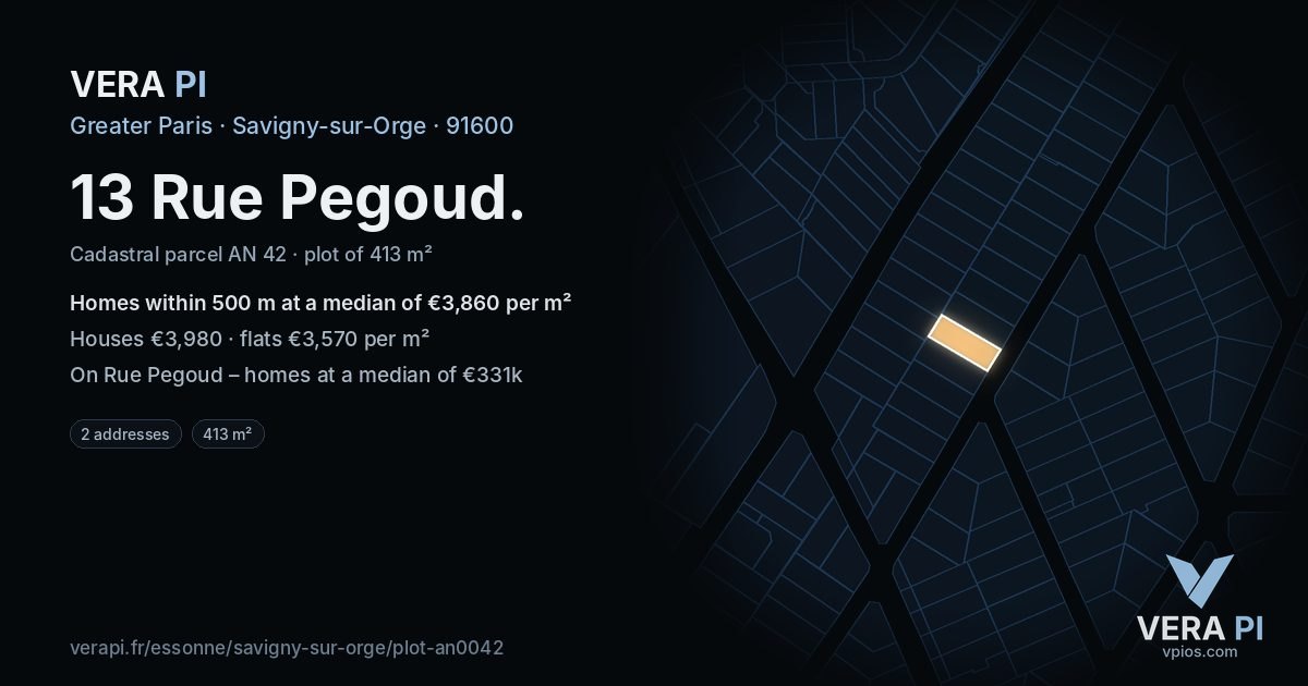 13 Rue Pegoud, Savigny-sur-Orge at night – the plot lit, the parcels around coloured by the prices near them