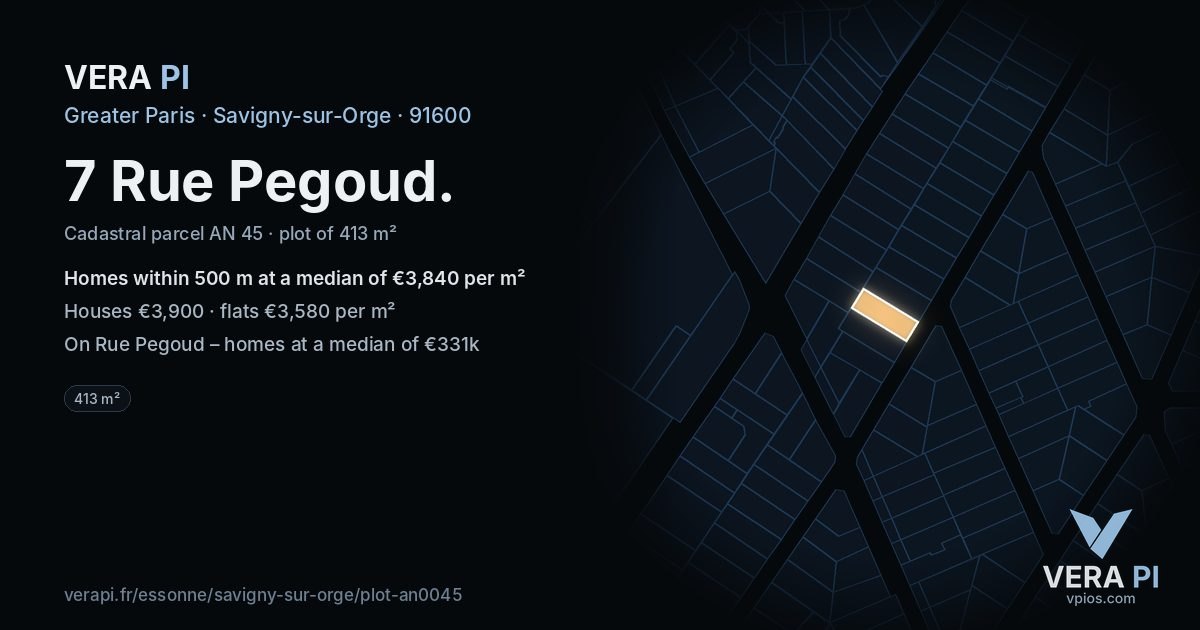 7 Rue Pegoud, Savigny-sur-Orge at night – the plot lit, the parcels around coloured by the prices near them