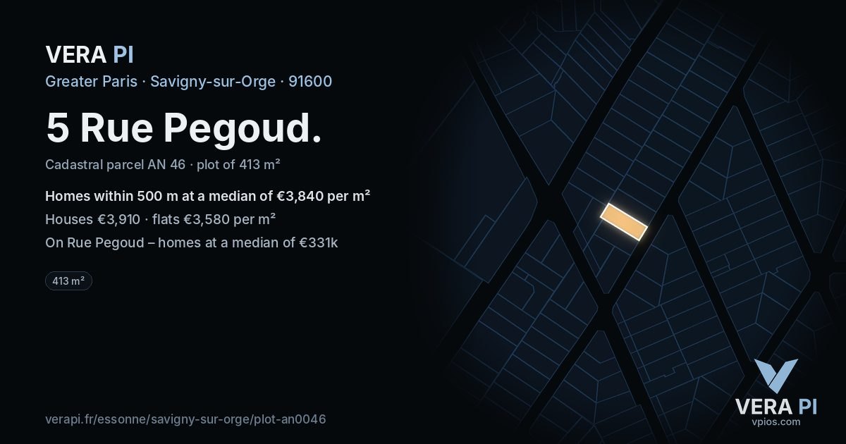 5 Rue Pegoud, Savigny-sur-Orge at night – the plot lit, the parcels around coloured by the prices near them