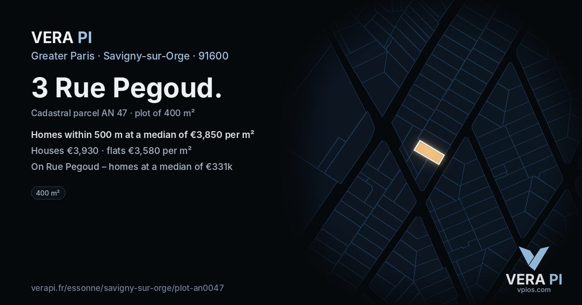 3 Rue Pegoud, Savigny-sur-Orge at night – the plot lit, the parcels around coloured by the prices near them