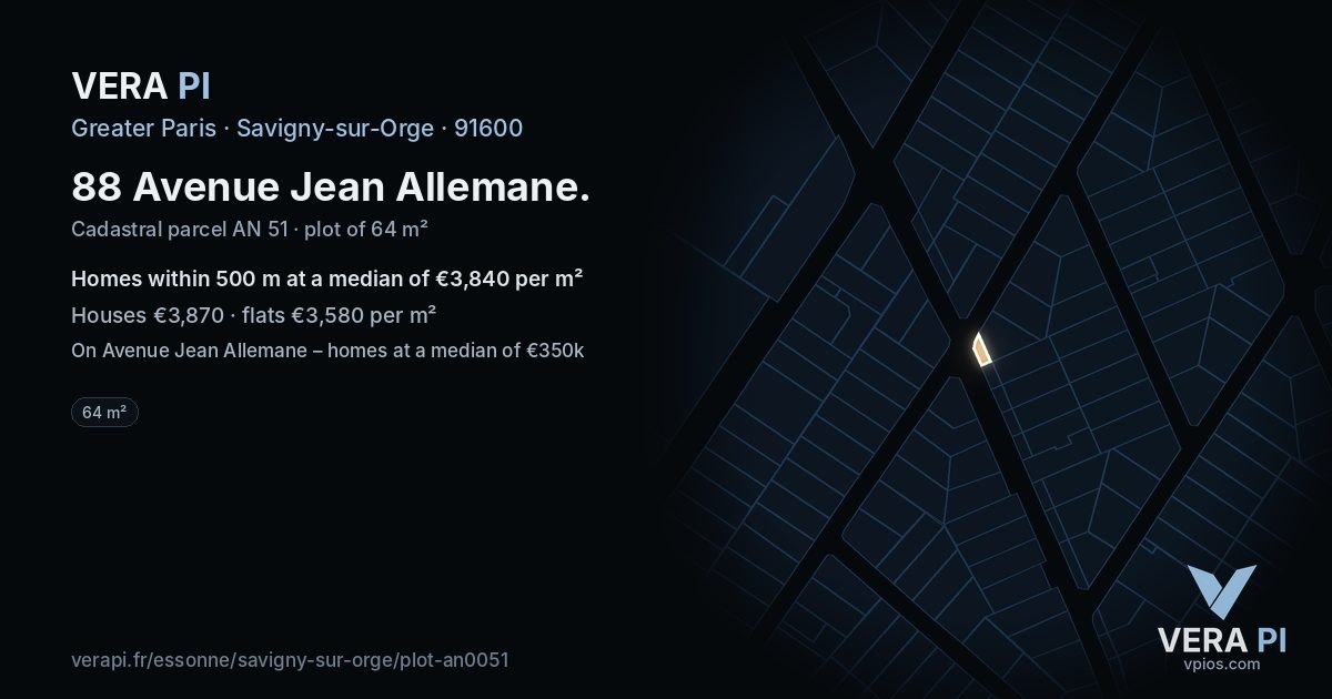 88 Avenue Jean Allemane, Savigny-sur-Orge at night – the plot lit, the parcels around coloured by the prices near them