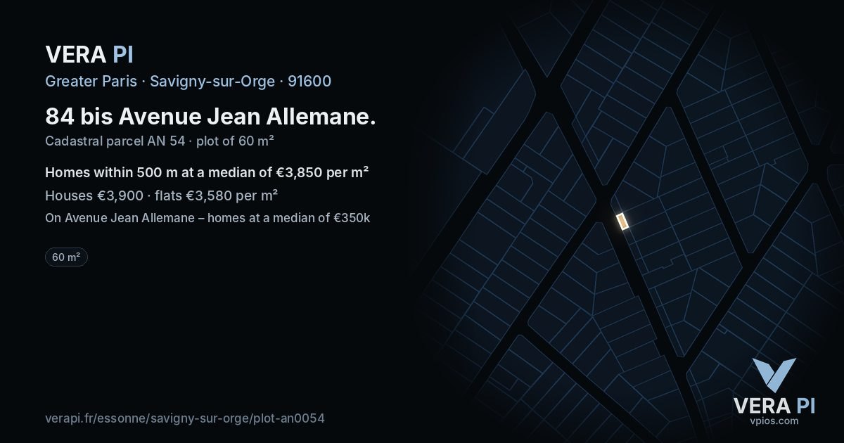 84 bis Avenue Jean Allemane, Savigny-sur-Orge at night – the plot lit, the parcels around coloured by the prices near them