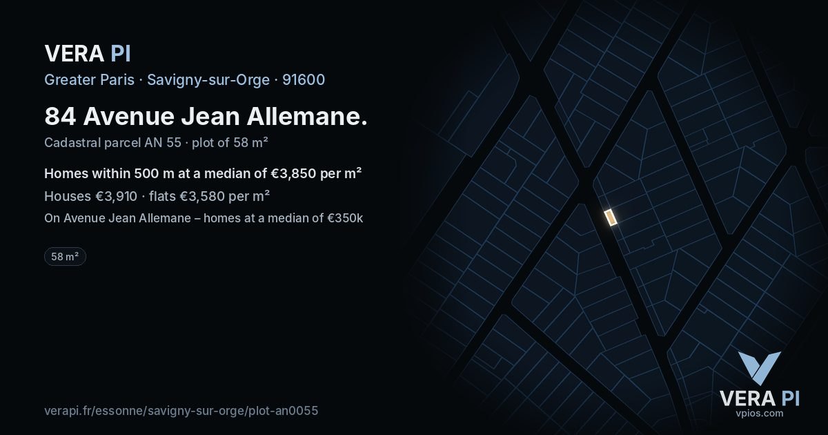 84 Avenue Jean Allemane, Savigny-sur-Orge at night – the plot lit, the parcels around coloured by the prices near them