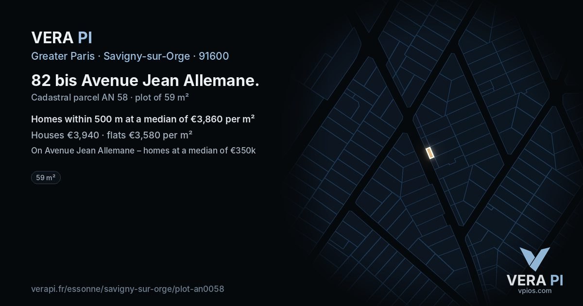 82 bis Avenue Jean Allemane, Savigny-sur-Orge at night – the plot lit, the parcels around coloured by the prices near them