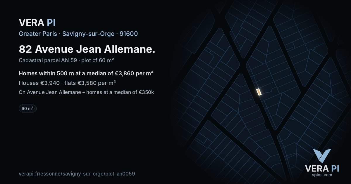 82 Avenue Jean Allemane, Savigny-sur-Orge at night – the plot lit, the parcels around coloured by the prices near them