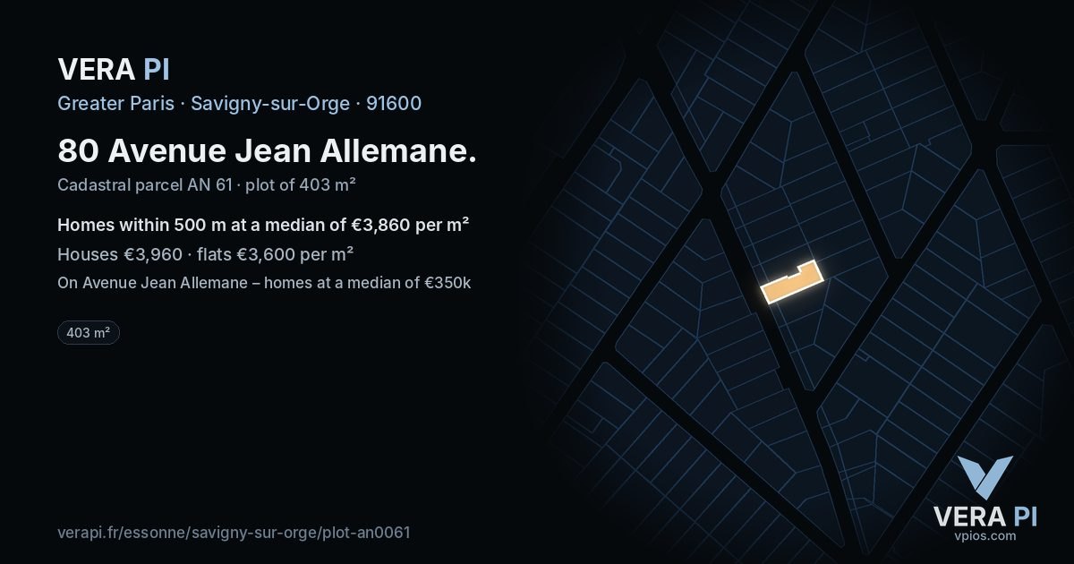 80 Avenue Jean Allemane, Savigny-sur-Orge at night – the plot lit, the parcels around coloured by the prices near them