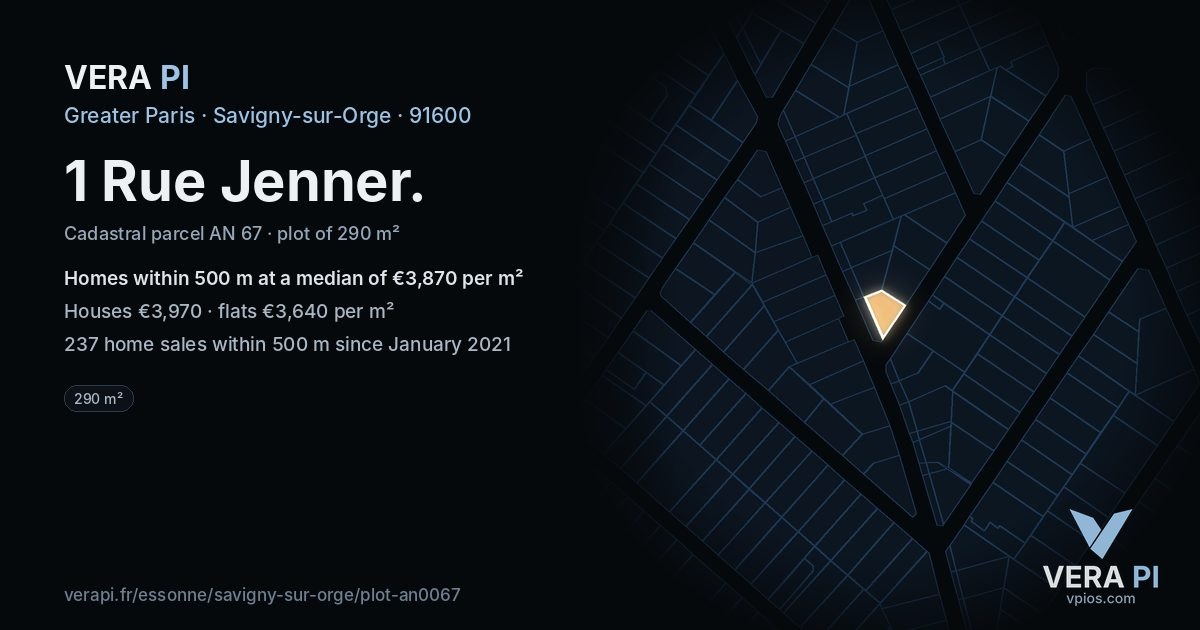1 Rue Jenner, Savigny-sur-Orge at night – the plot lit, the parcels around coloured by the prices near them