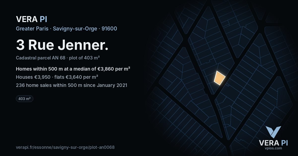3 Rue Jenner, Savigny-sur-Orge at night – the plot lit, the parcels around coloured by the prices near them