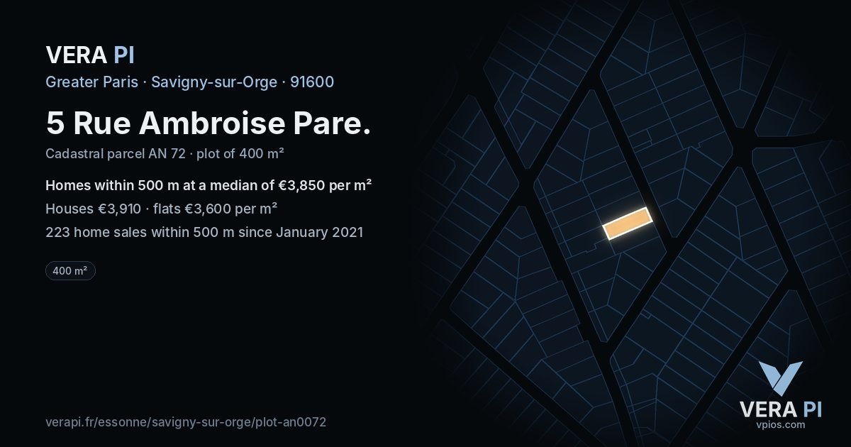 5 Rue Ambroise Pare, Savigny-sur-Orge at night – the plot lit, the parcels around coloured by the prices near them