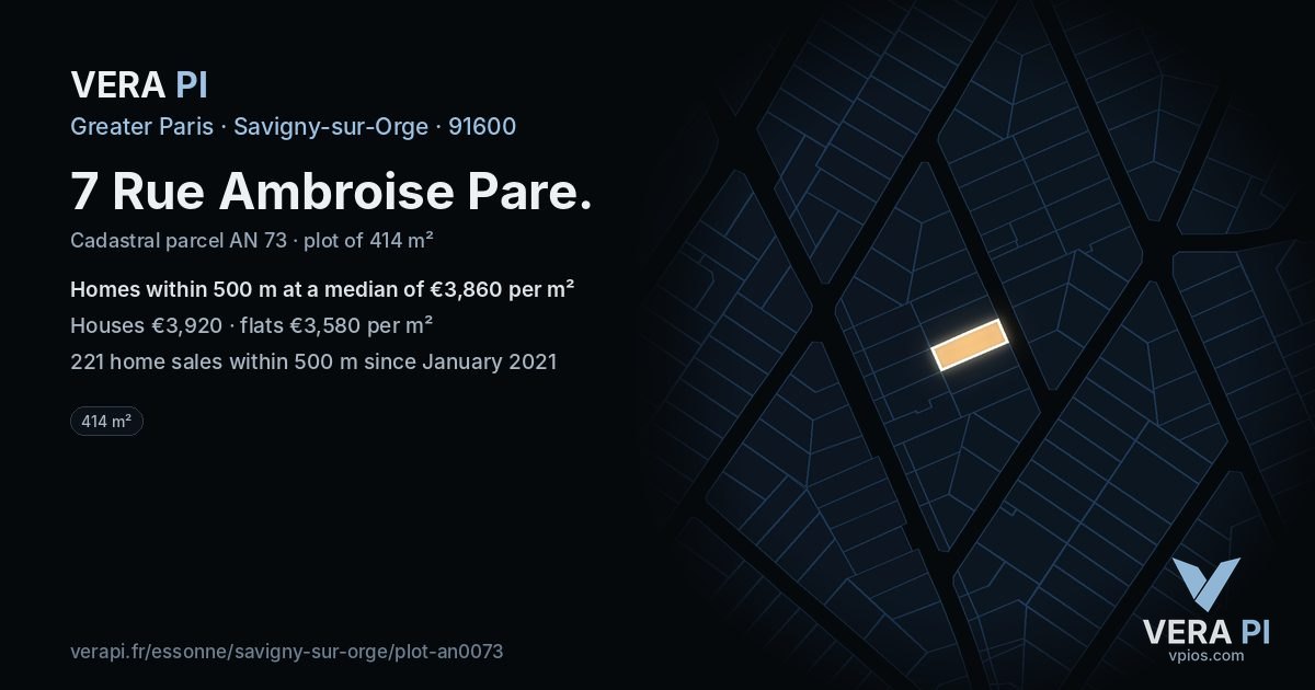 7 Rue Ambroise Pare, Savigny-sur-Orge at night – the plot lit, the parcels around coloured by the prices near them