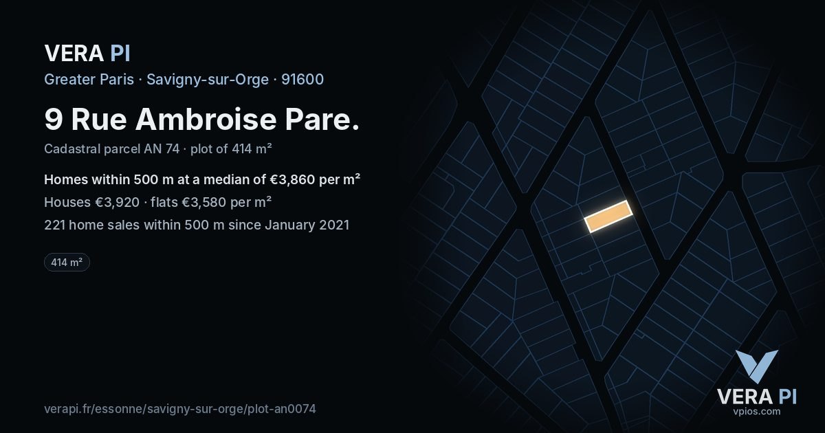 9 Rue Ambroise Pare, Savigny-sur-Orge at night – the plot lit, the parcels around coloured by the prices near them