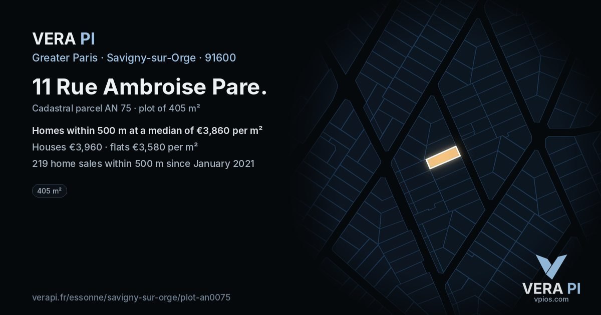 11 Rue Ambroise Pare, Savigny-sur-Orge at night – the plot lit, the parcels around coloured by the prices near them