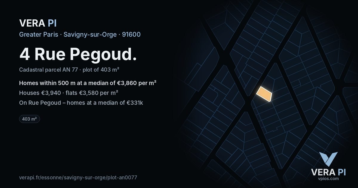 4 Rue Pegoud, Savigny-sur-Orge at night – the plot lit, the parcels around coloured by the prices near them