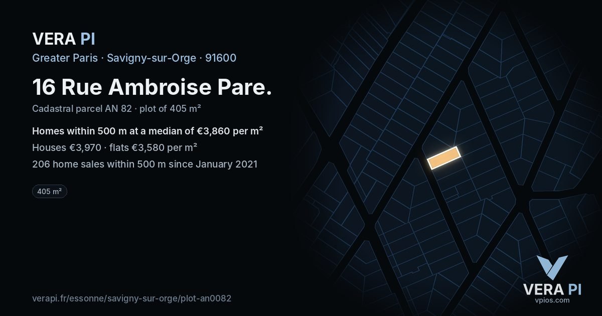 16 Rue Ambroise Pare, Savigny-sur-Orge at night – the plot lit, the parcels around coloured by the prices near them
